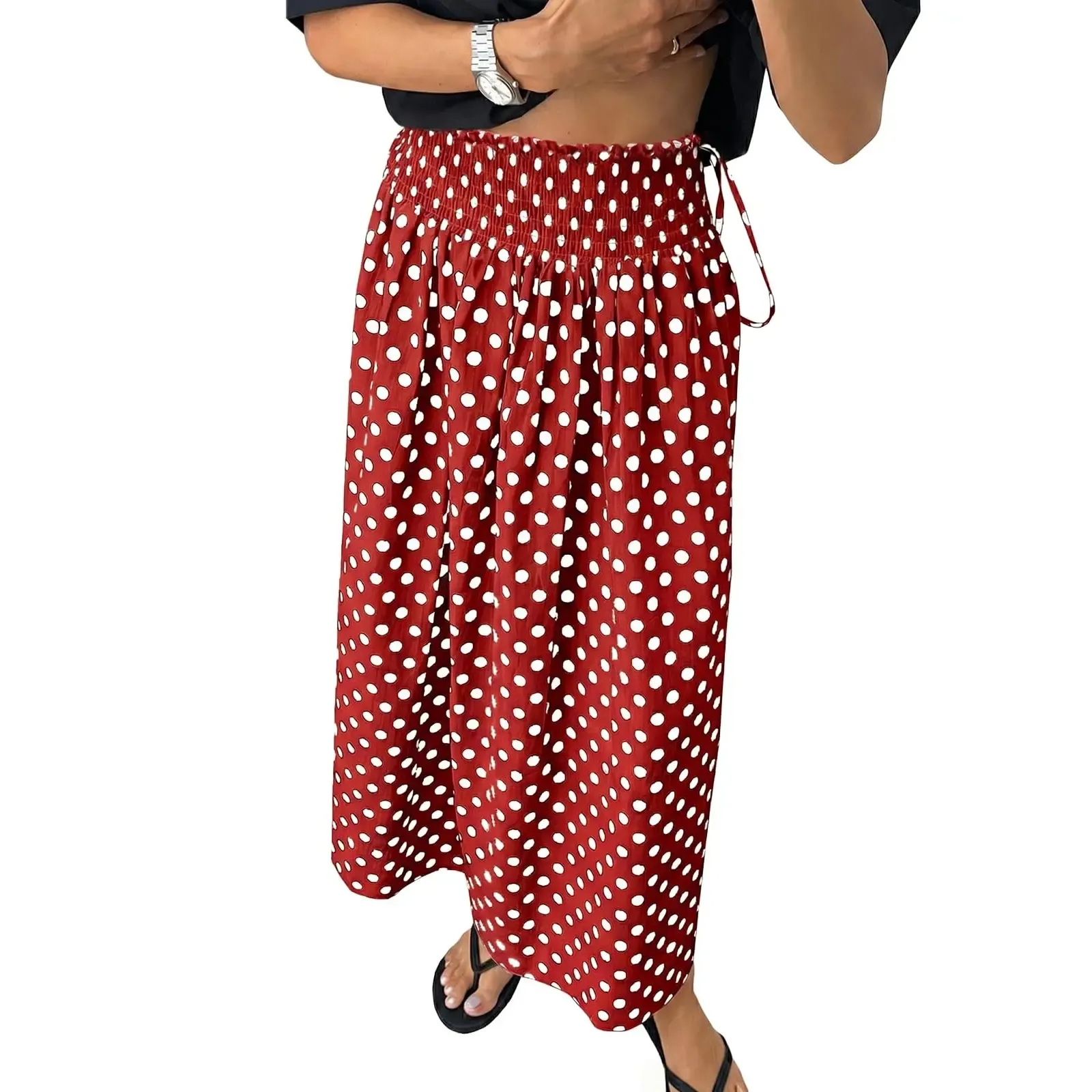 🌼Women‘s Polka Dot Maxi Skirts Boho Smocked High Waisted Tie Skirt Casual Beach Vacation Dress
