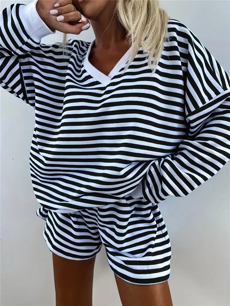 Women's Striped Print Long Sleeve V Neck Sweatshirt and Shorts Set