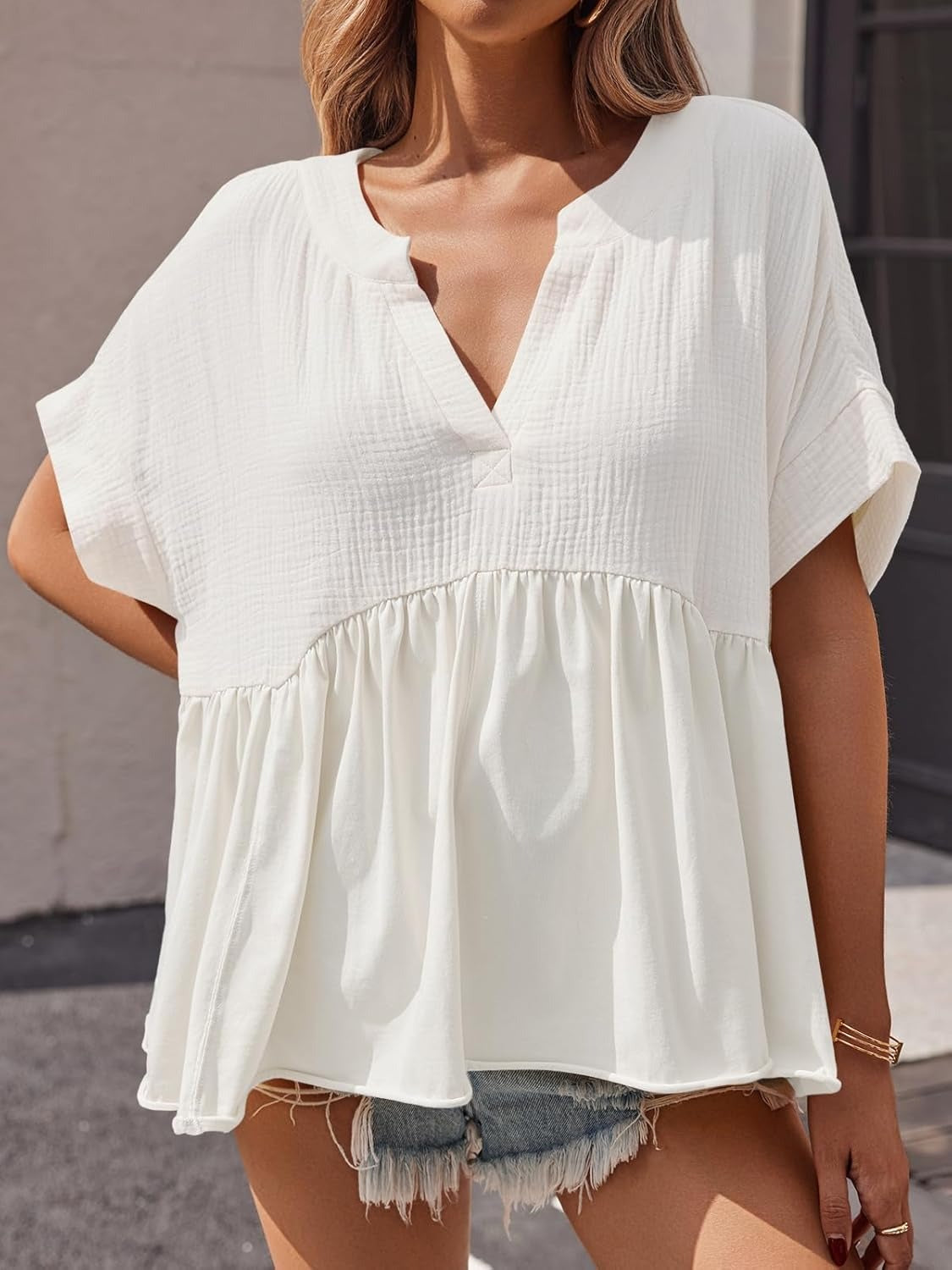 Womens V Neck Short Sleeve Pleated Flowy Shirts Peplum Blouse