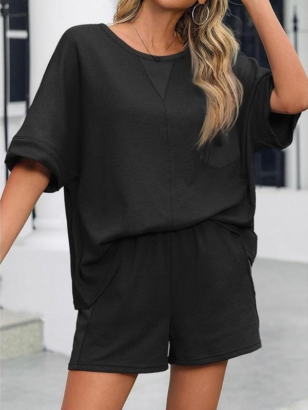 Women's Waffle Knit 2 Piece Oversized T-Shirt Casual Shorts Set