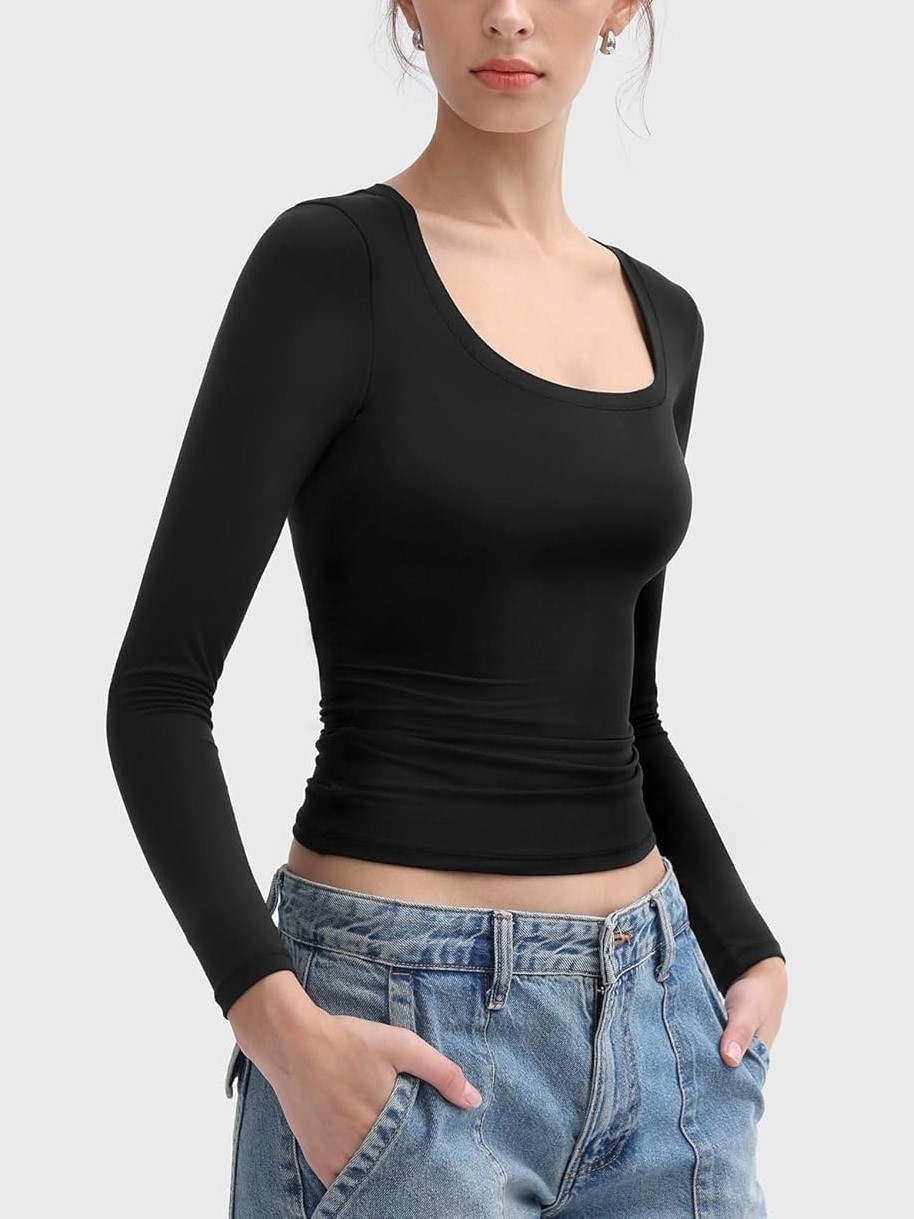 Women's Scoop Neck Slim Fit Long Sleeve Tops Double Lined Basic Tee
