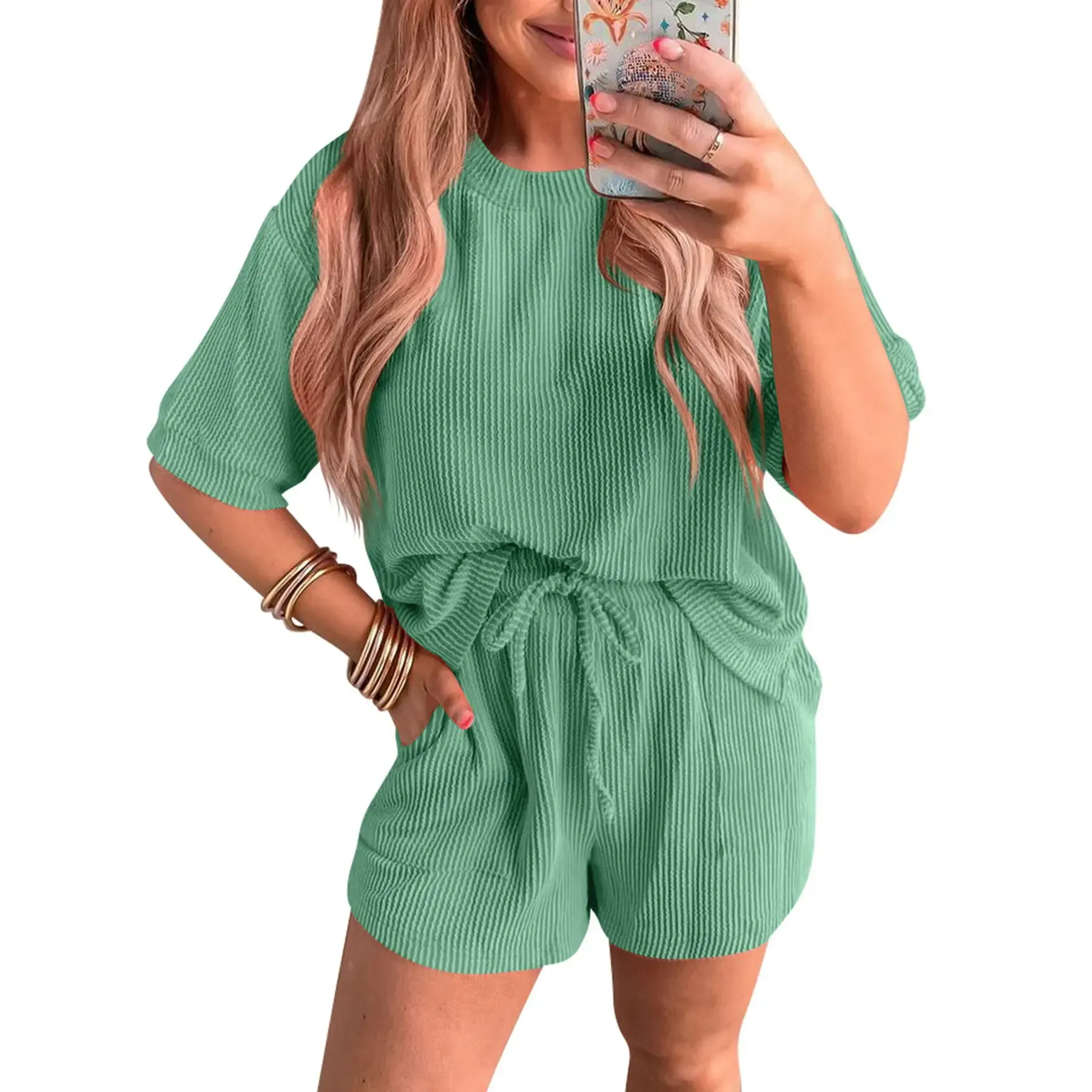 🔥Women's Ribbed Crew Neck Short-Sleeve Top and Shorts Casual Two-Piece Set