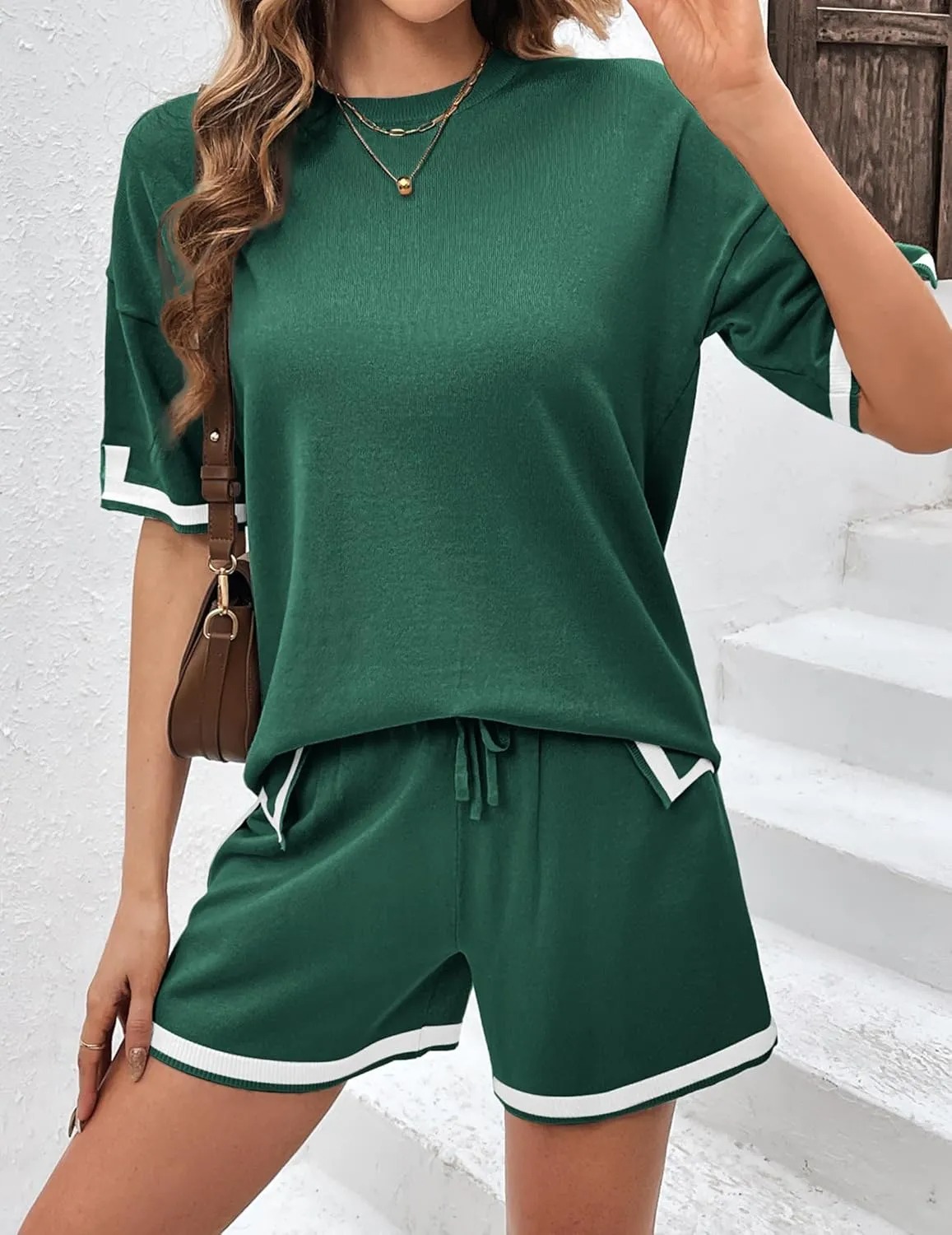 HOT SALE Women's Color Block Knitted Short Sleeve Top And Drawstring Shorts Set