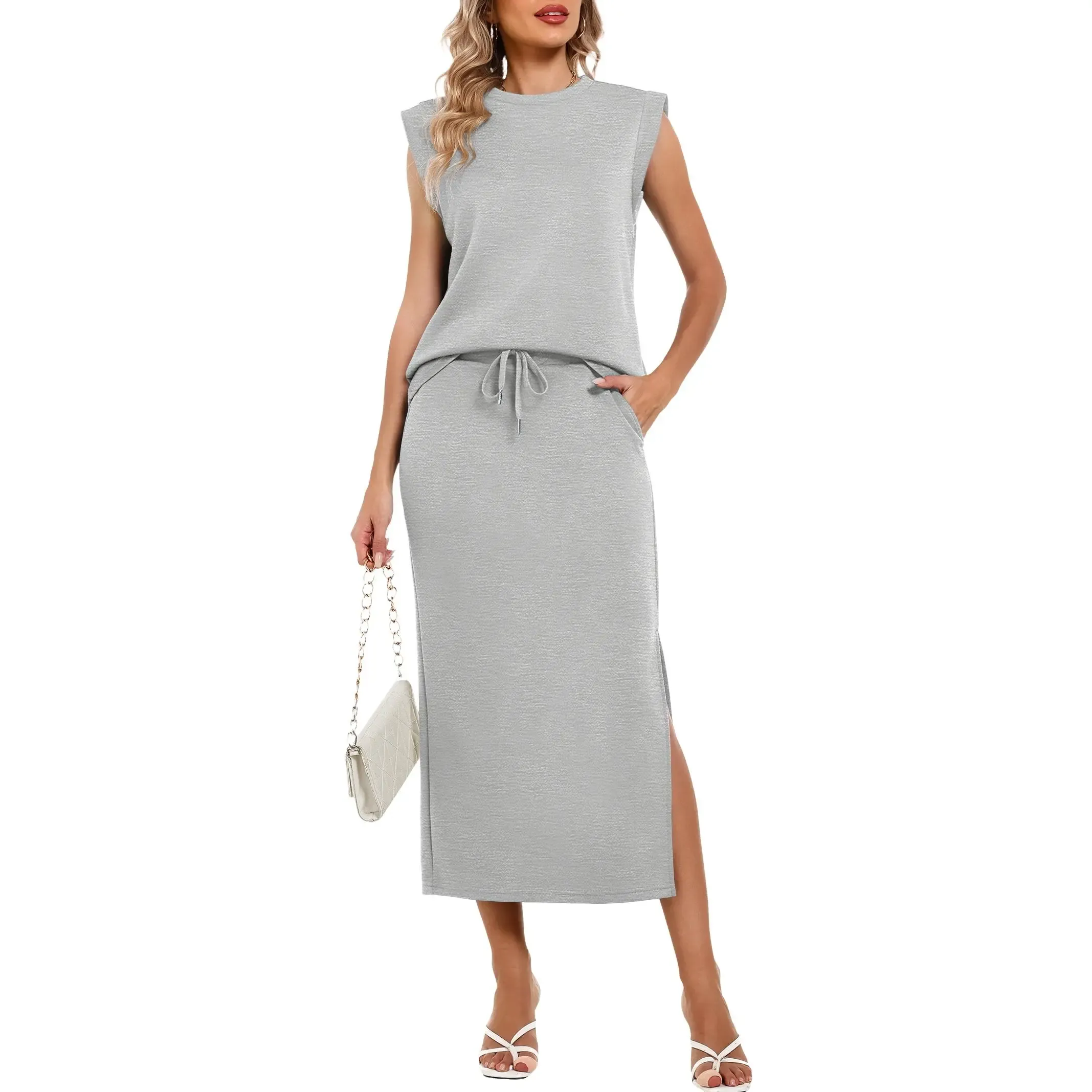 ✨Women's Cap Sleeve Top Drawstring Midi Skirts with Pockets Two Piece Sets 