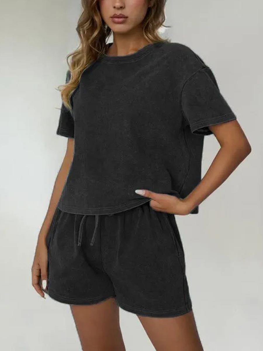 Limited time sale🔥Women's Summer Round Neck Acid Wash Biker Shorts 2 Piece Set(Buy 2 Free Shipping)