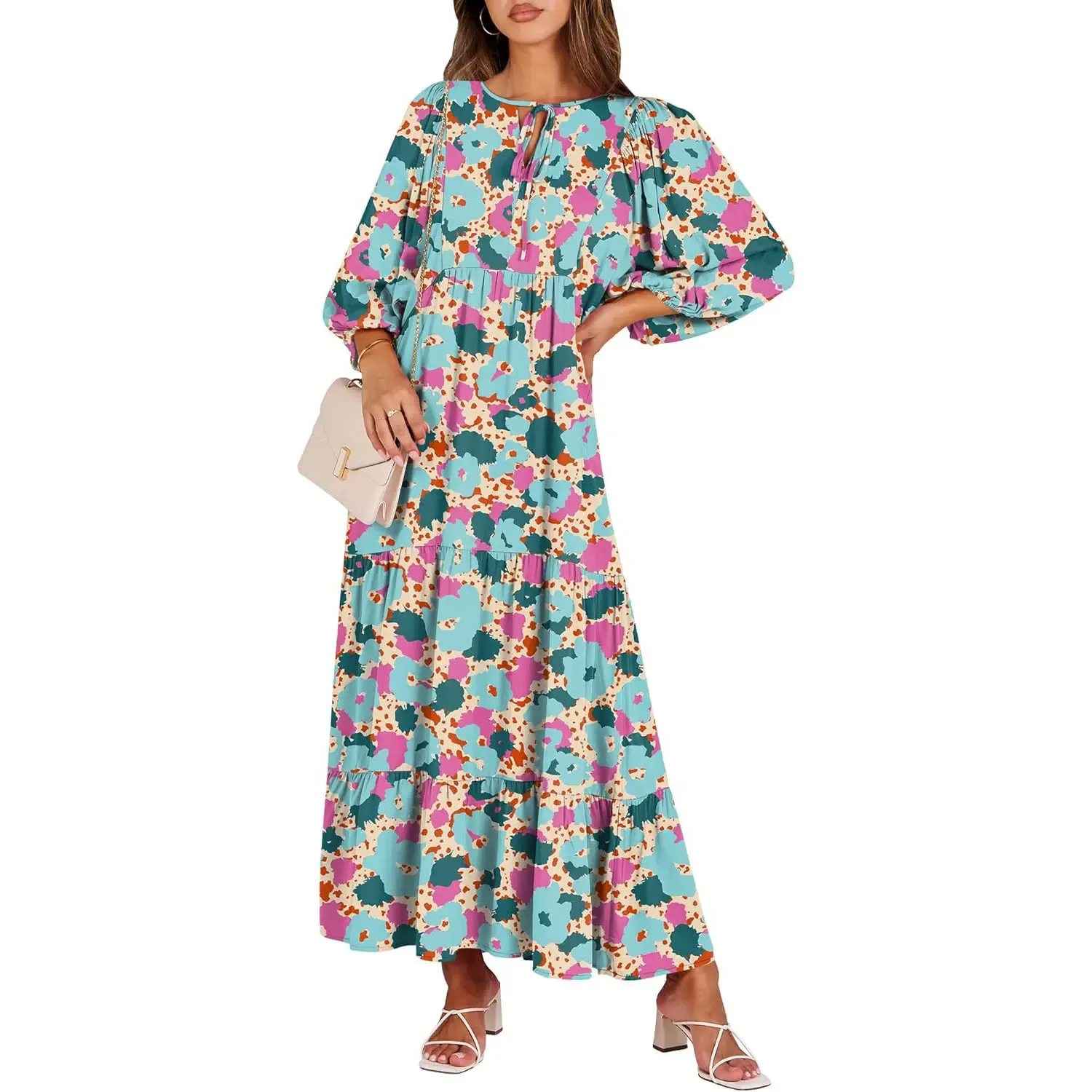 🔥Women's V Neck Puff Sleeve Floral Flowy Swing Long Dress