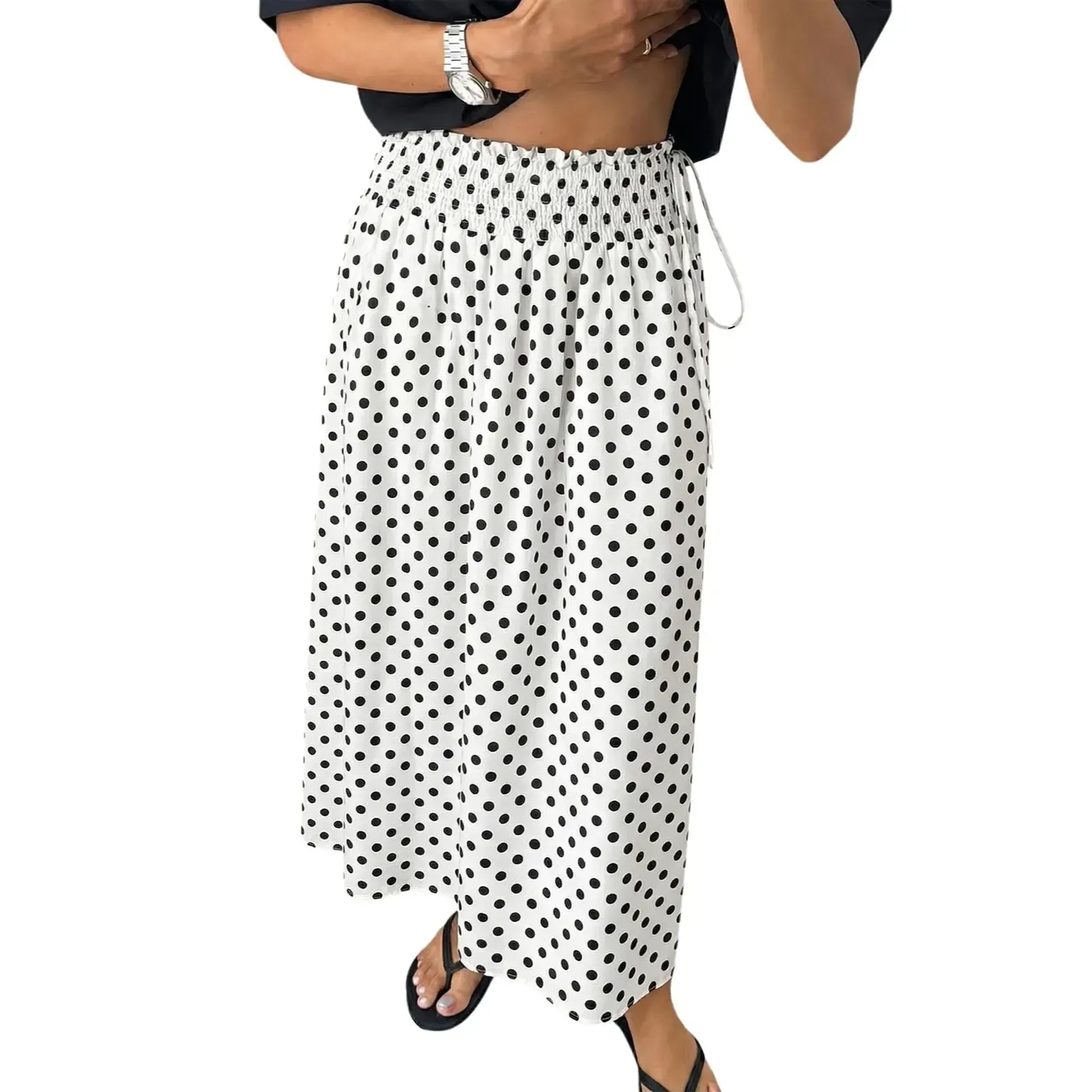🌼Women‘s Polka Dot Maxi Skirts Boho Smocked High Waisted Tie Skirt Casual Beach Vacation Dress