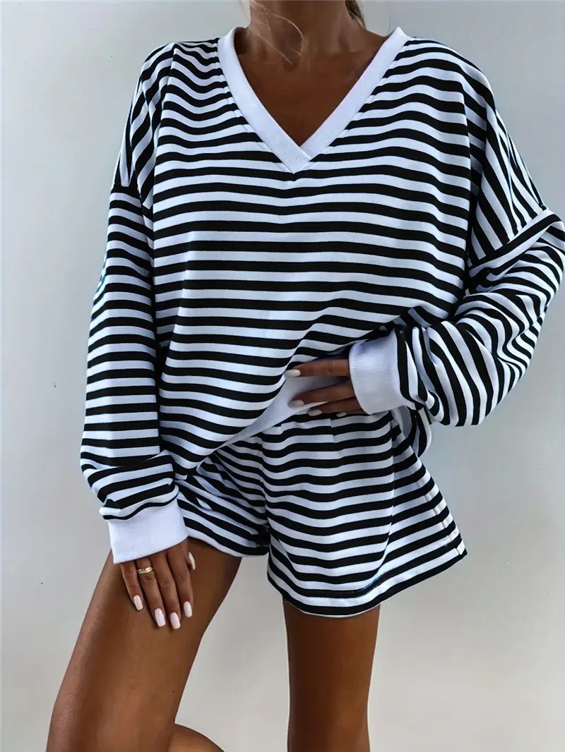 Women's Striped Print Long Sleeve V Neck Sweatshirt and Shorts Set