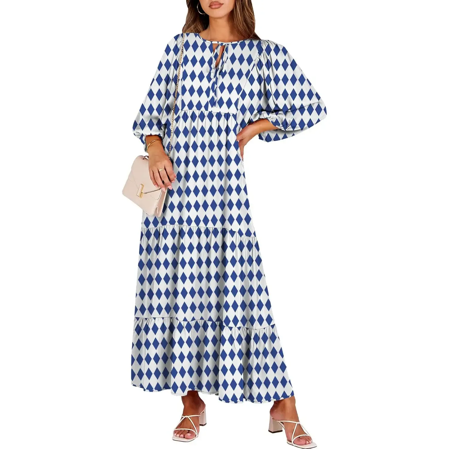 🔥Women's V Neck Puff Sleeve Floral Flowy Swing Long Dress