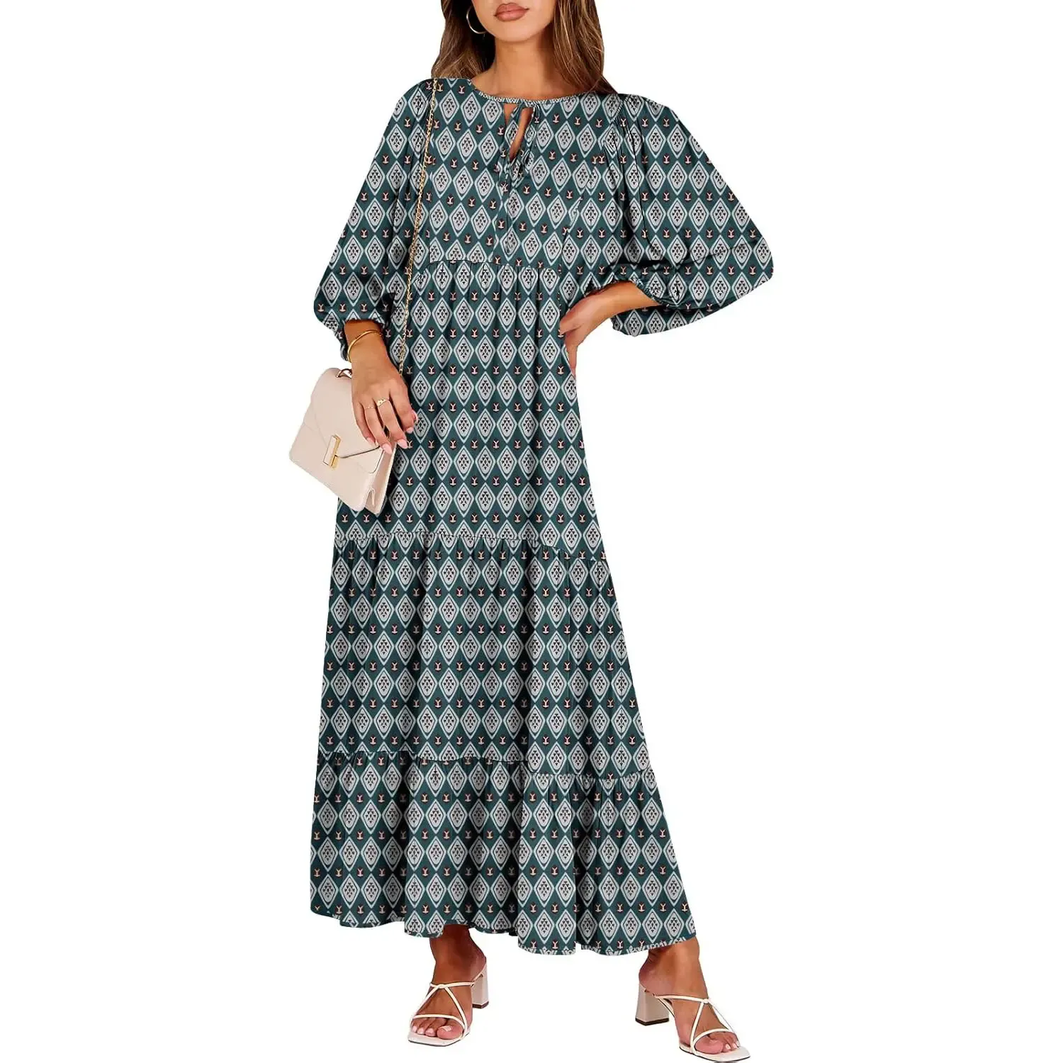 🔥Women's V Neck Puff Sleeve Floral Flowy Swing Long Dress