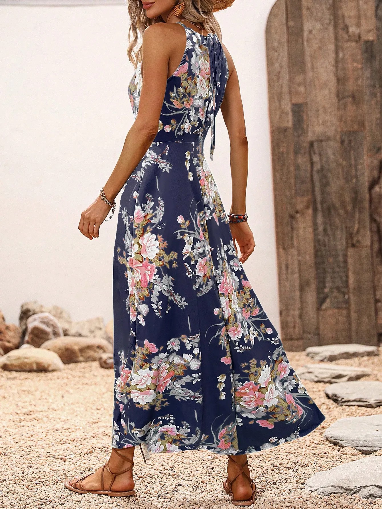 Women's Floral Print Halter Sleeveless Slit Maxi Dress