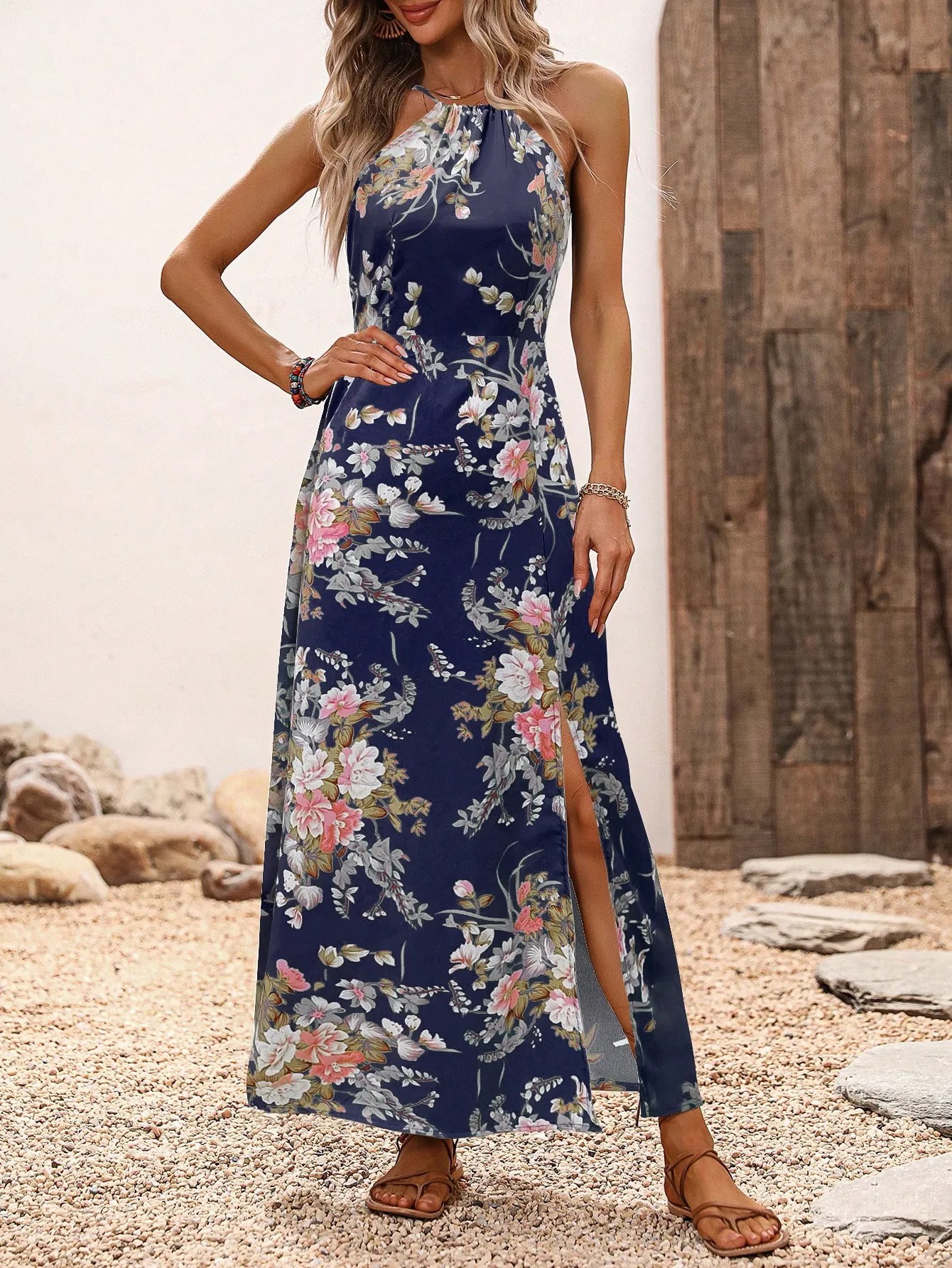 Women's Floral Print Halter Sleeveless Slit Maxi Dress