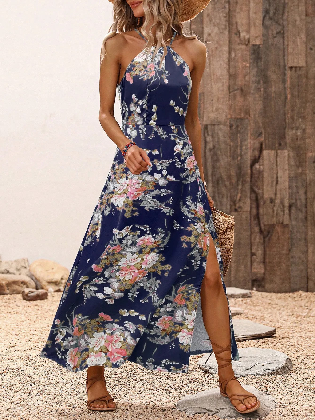 Women's Floral Print Halter Sleeveless Slit Maxi Dress