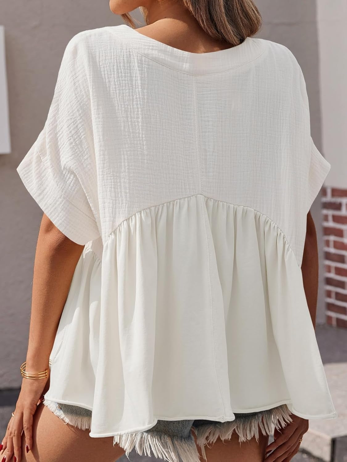 Womens V Neck Short Sleeve Pleated Flowy Shirts Peplum Blouse