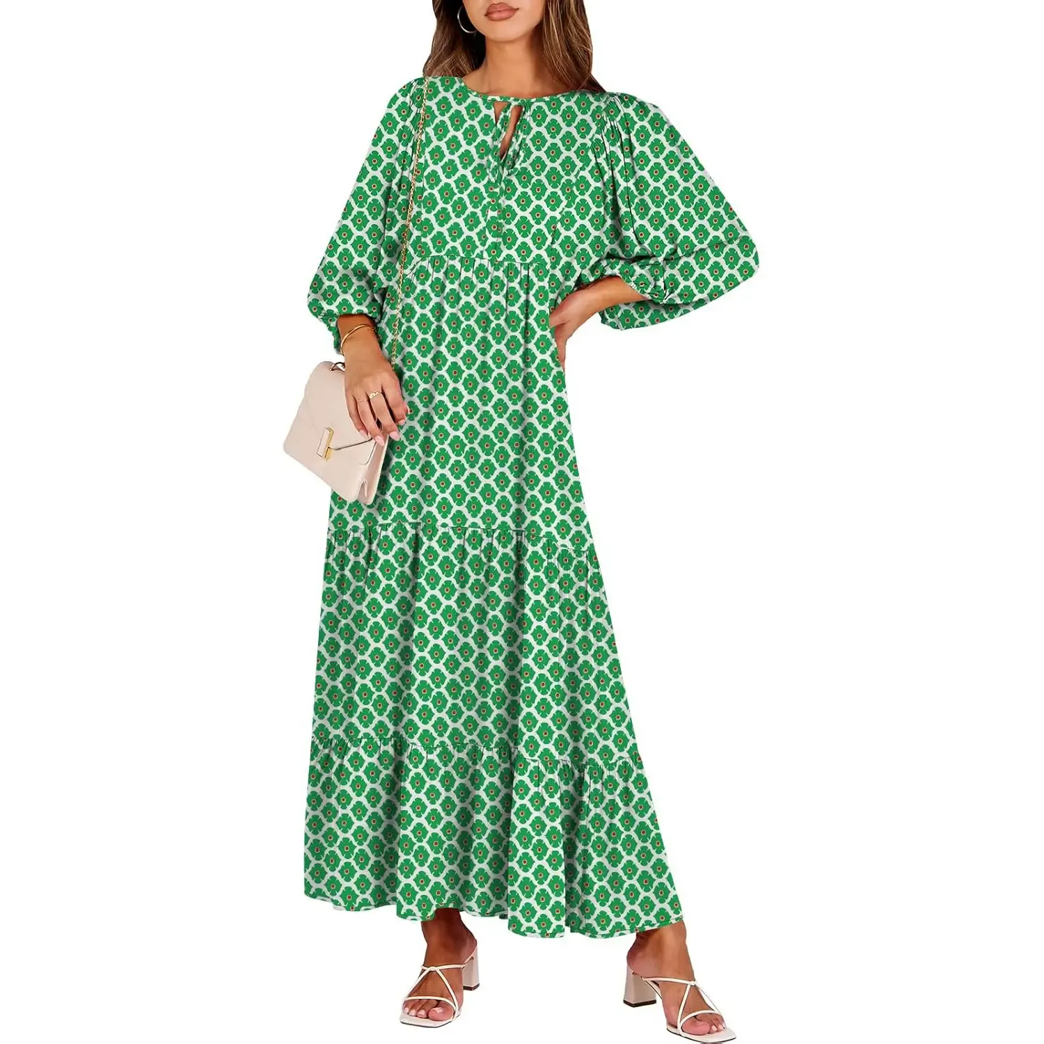 🔥Women's V Neck Puff Sleeve Floral Flowy Swing Long Dress