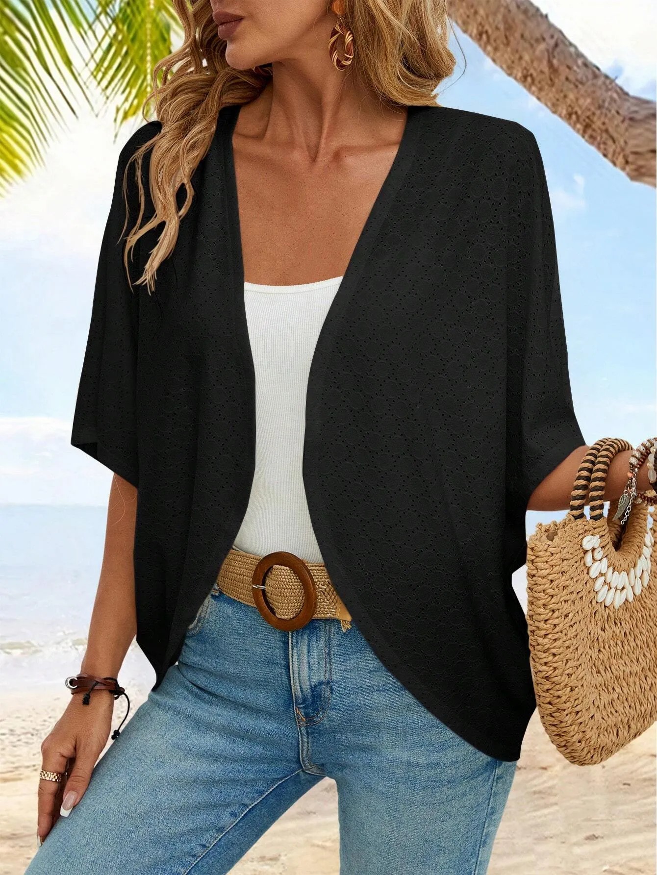 Women's Casual Lightweight Half Sleeve Hollow Cardigan