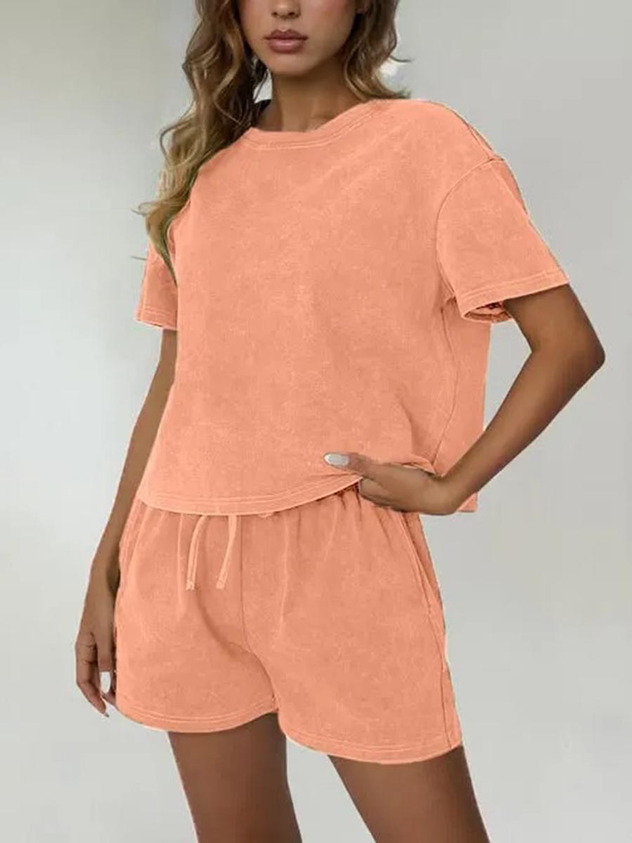 Limited time sale🔥Women's Summer Round Neck Acid Wash Biker Shorts 2 Piece Set(Buy 2 Free Shipping)