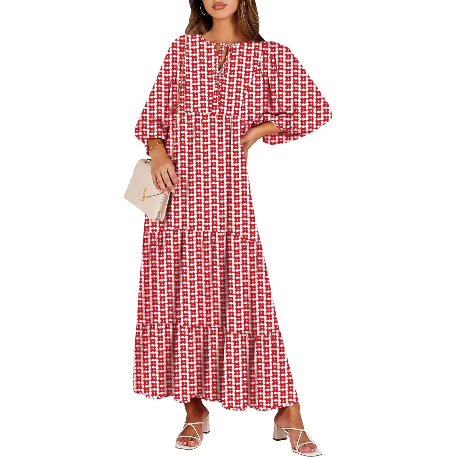 🔥Women's V Neck Puff Sleeve Floral Flowy Swing Long Dress