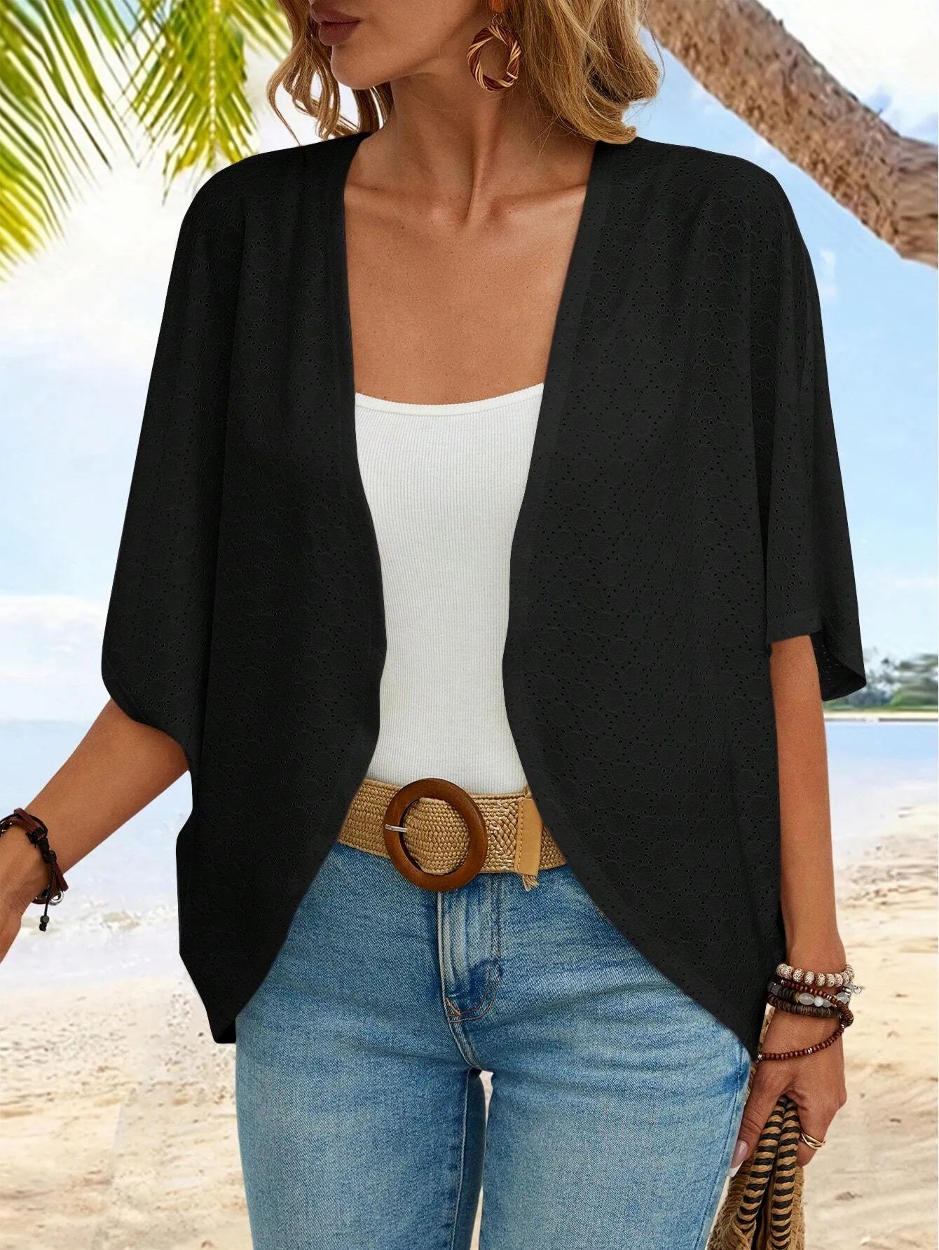 Women's Casual Lightweight Half Sleeve Hollow Cardigan