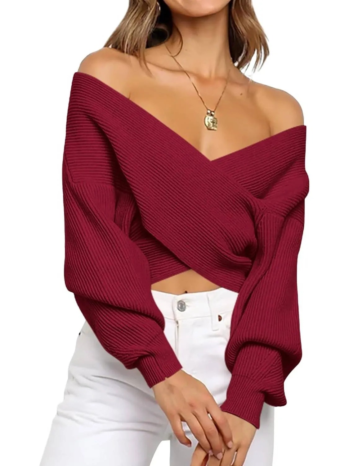Women's Cross Wrap Front Solid Color V Neck Long Sleeve Sweater