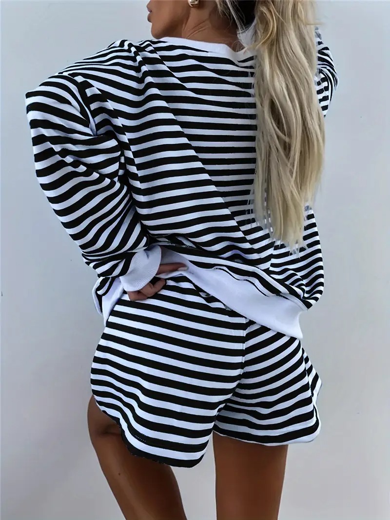 Women's Striped Print Long Sleeve V Neck Sweatshirt and Shorts Set