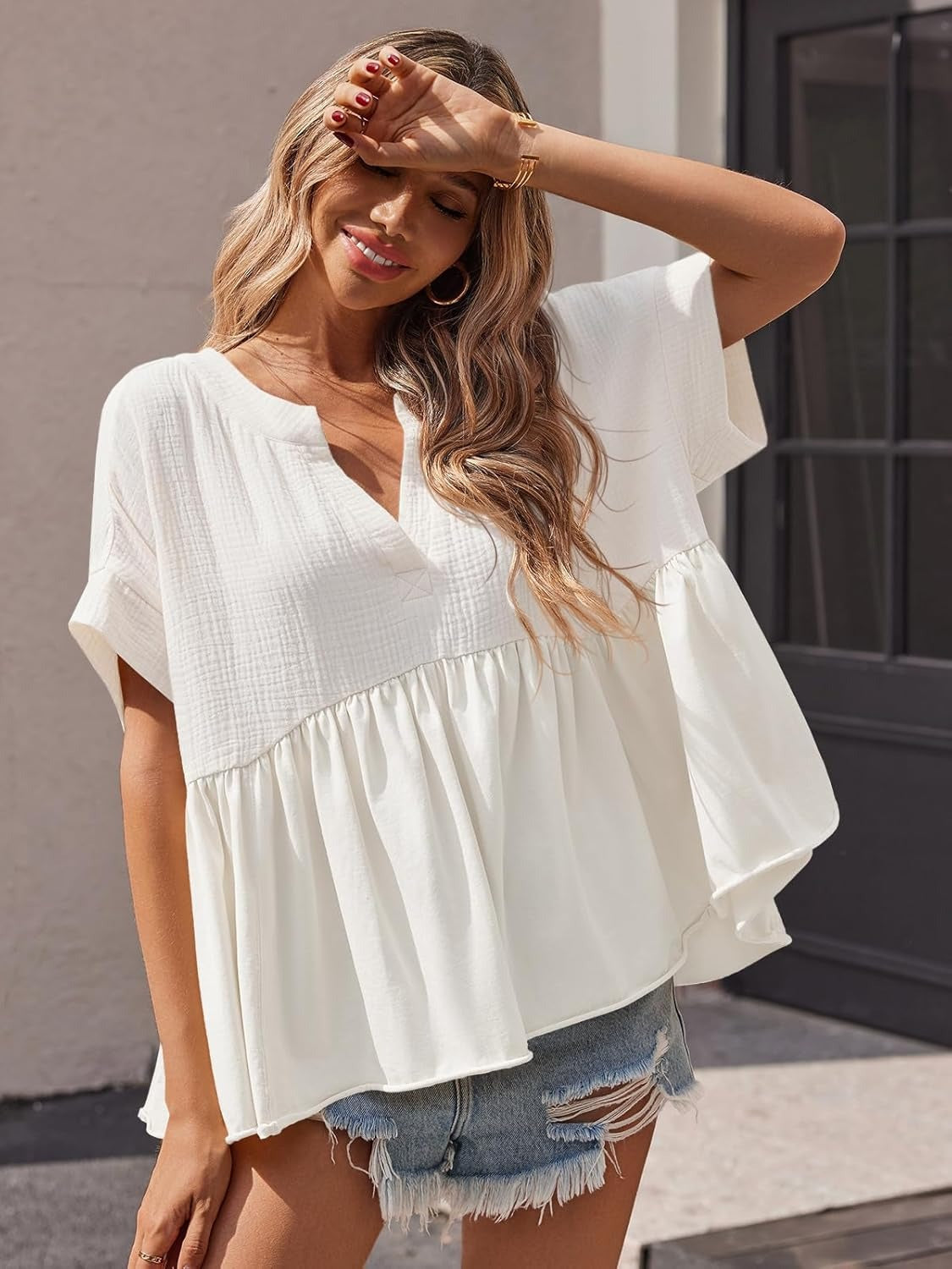 Womens V Neck Short Sleeve Pleated Flowy Shirts Peplum Blouse