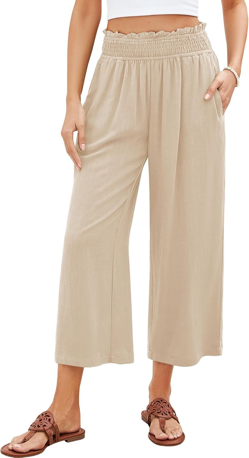 🔥Women's High Waisted Wide Leg Linen Elastic Smock Waist Capri Pants