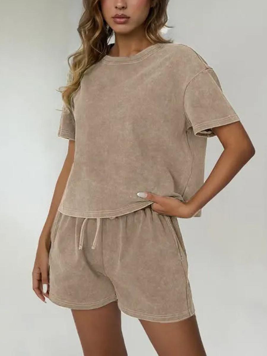 Limited time sale🔥Women's Summer Round Neck Acid Wash Biker Shorts 2 Piece Set(Buy 2 Free Shipping)