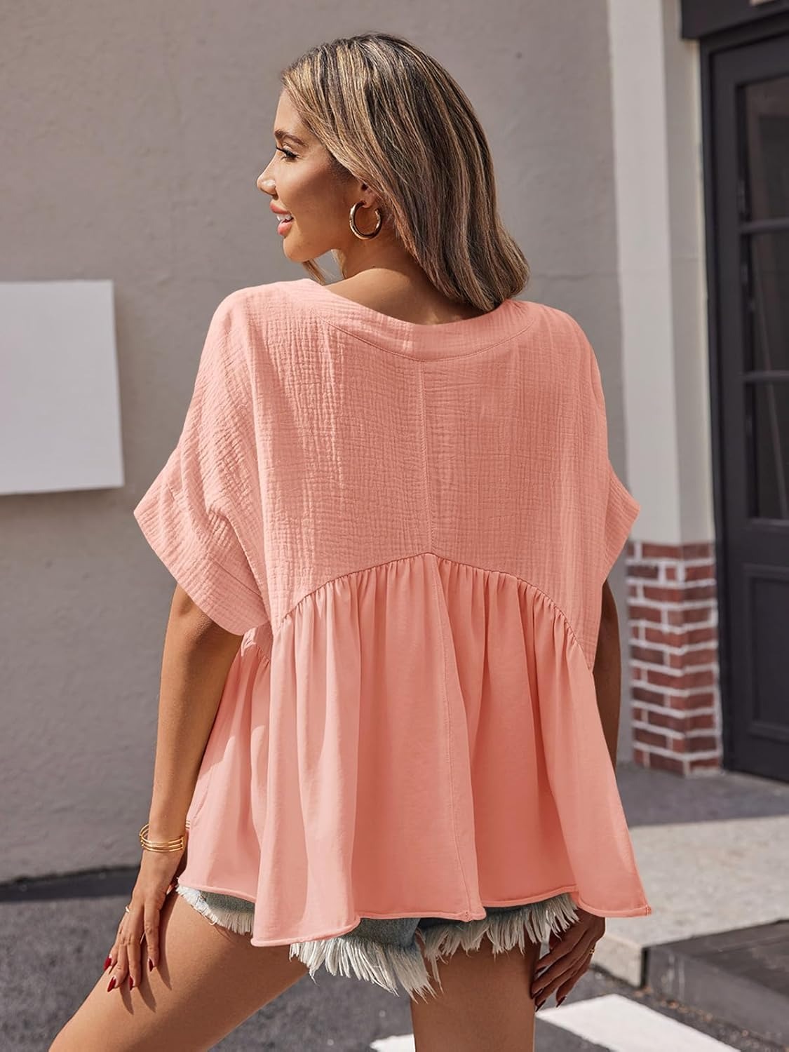 🔥Women's Babydoll Tops V Neck Short Sleeve Pleated Shirts