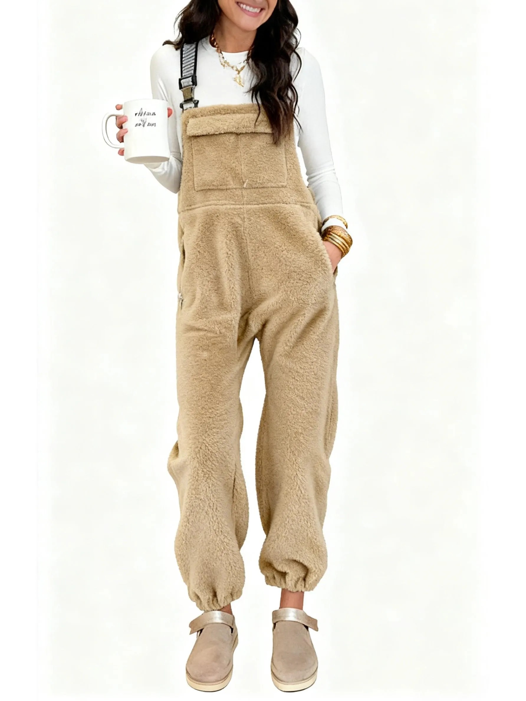 Women's Winter fleece Twill Strap Overalls with Pockets