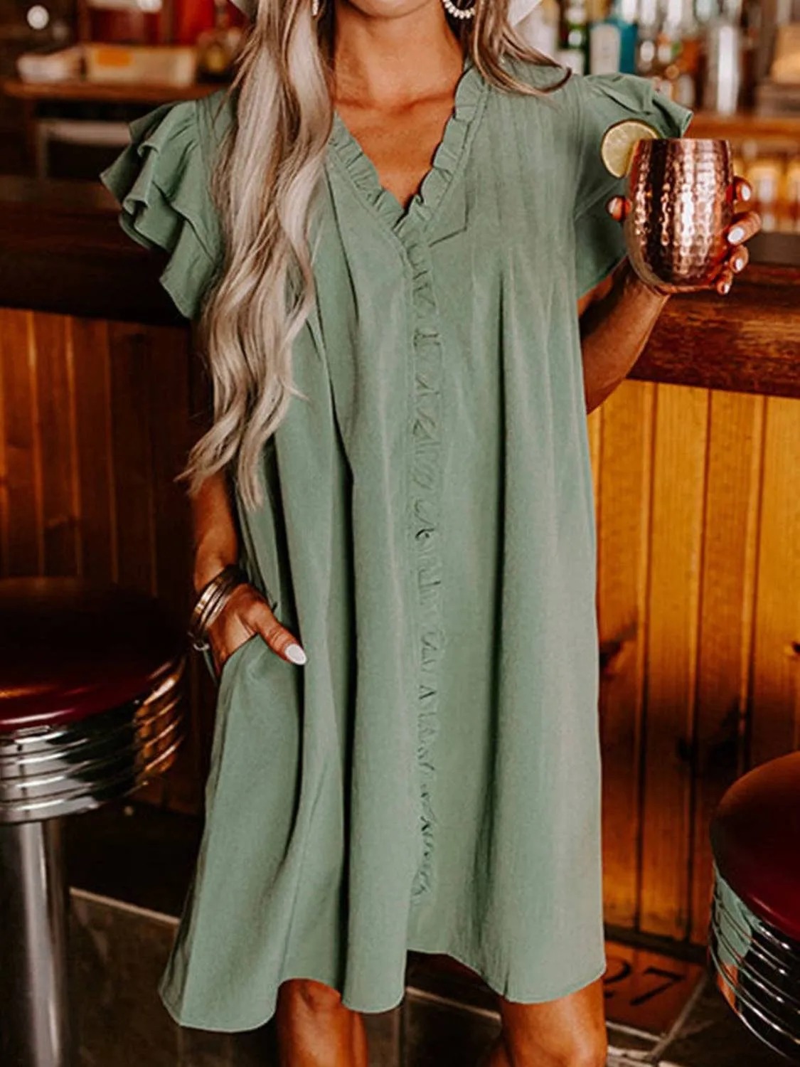 HOT SALE Women's Elegant Ruffle Short Sleeve Buttoned V Neck Pleated Dresses