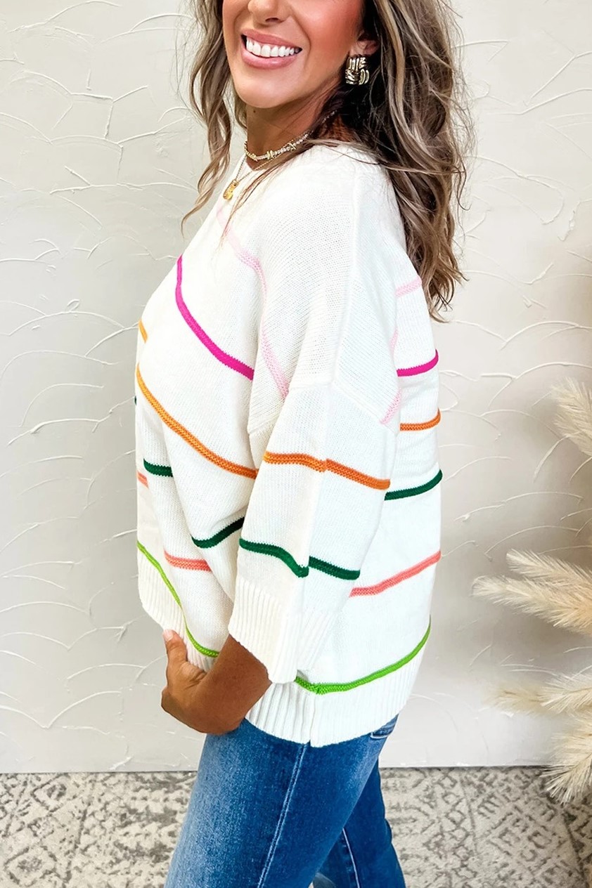 Women's Crew Neck Knit Striped Half Sleeve Drop Shoulder Sweater