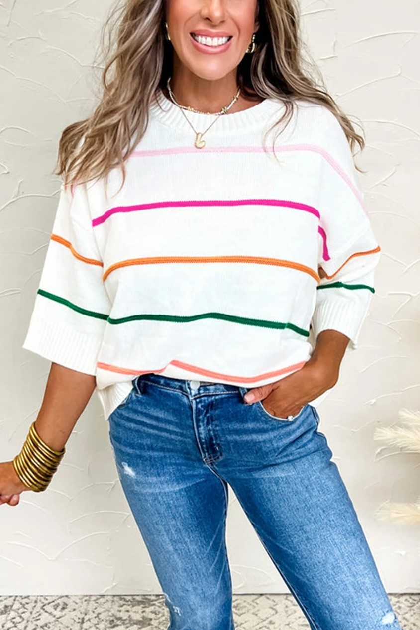 Women's Crew Neck Knit Striped Half Sleeve Drop Shoulder Sweater