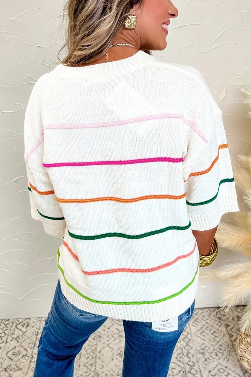 Women's Crew Neck Knit Striped Half Sleeve Drop Shoulder Sweater
