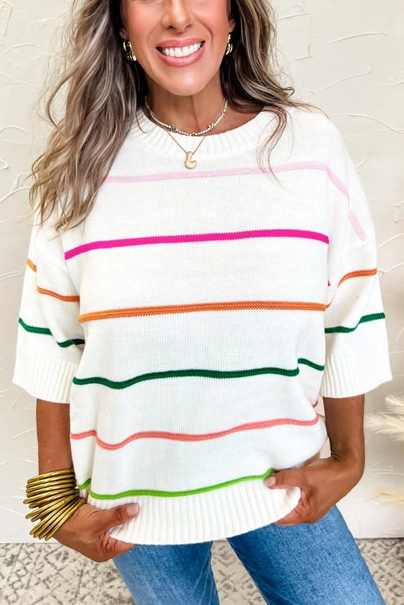 Women's Crew Neck Knit Striped Half Sleeve Drop Shoulder Sweater