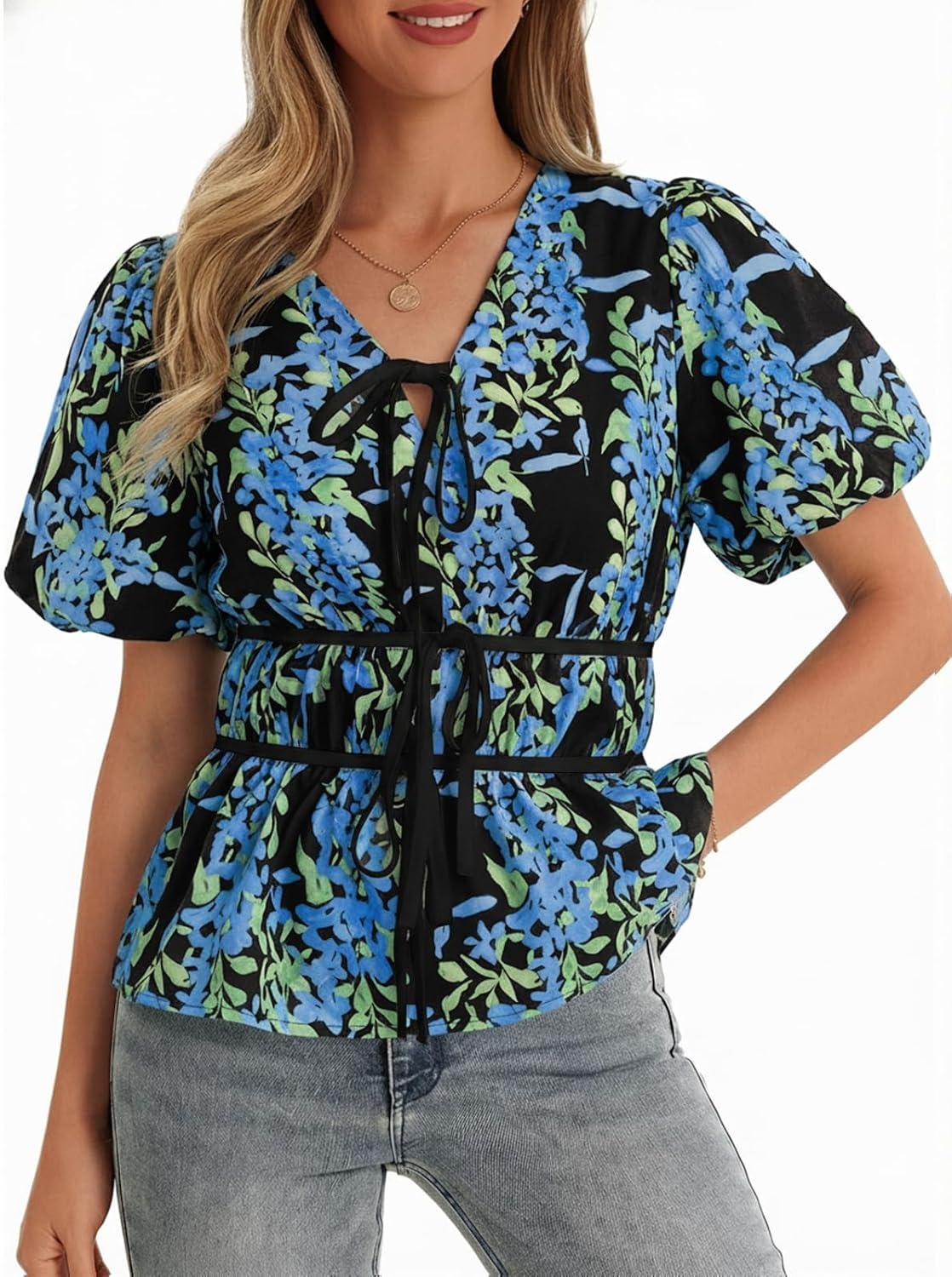 Women's Puff Sleeve Tie V Neck Print Shirts
