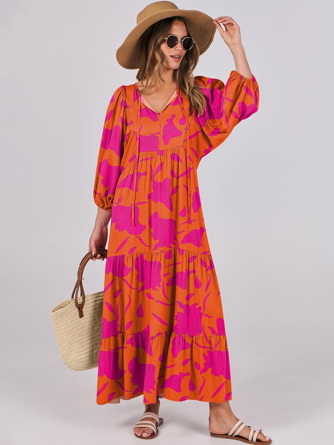 🔥2026 Women's V Neck Puff Sleeve Floral Flowy Swing Long Dress
