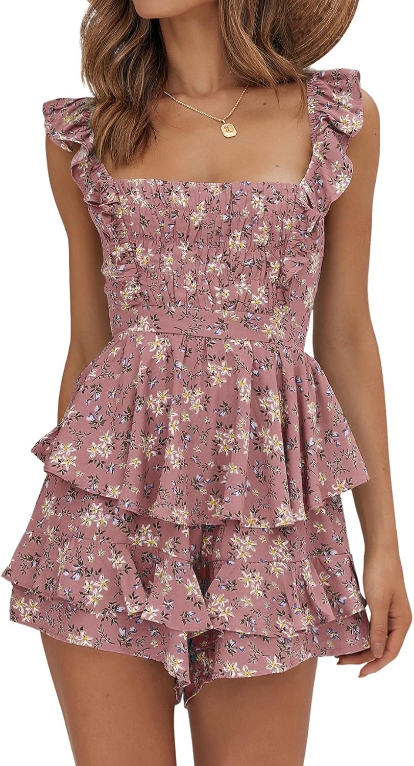 🌼Women's Floral Square Neck Ruffle Strap Layer Hem Shorts Jumpsuits