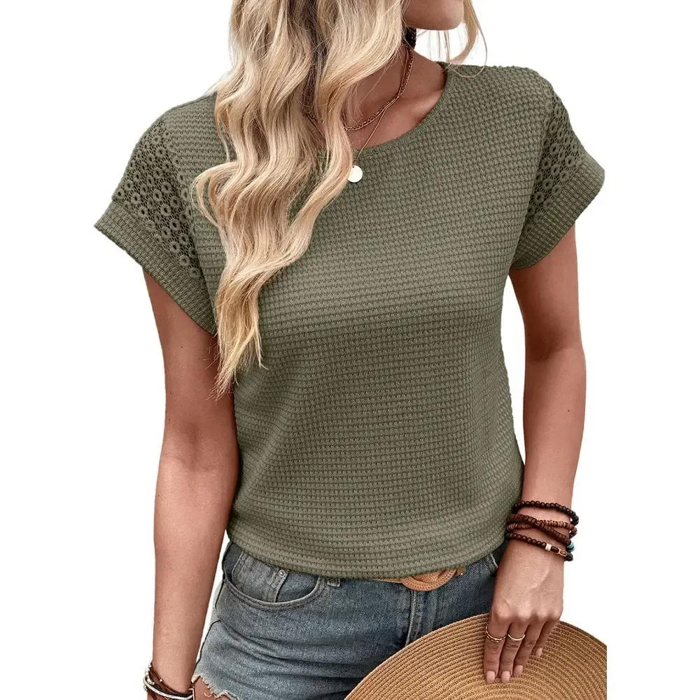 🔥Womens Waffle Knit Lace Hollow Out Short Sleeve T-Shirts