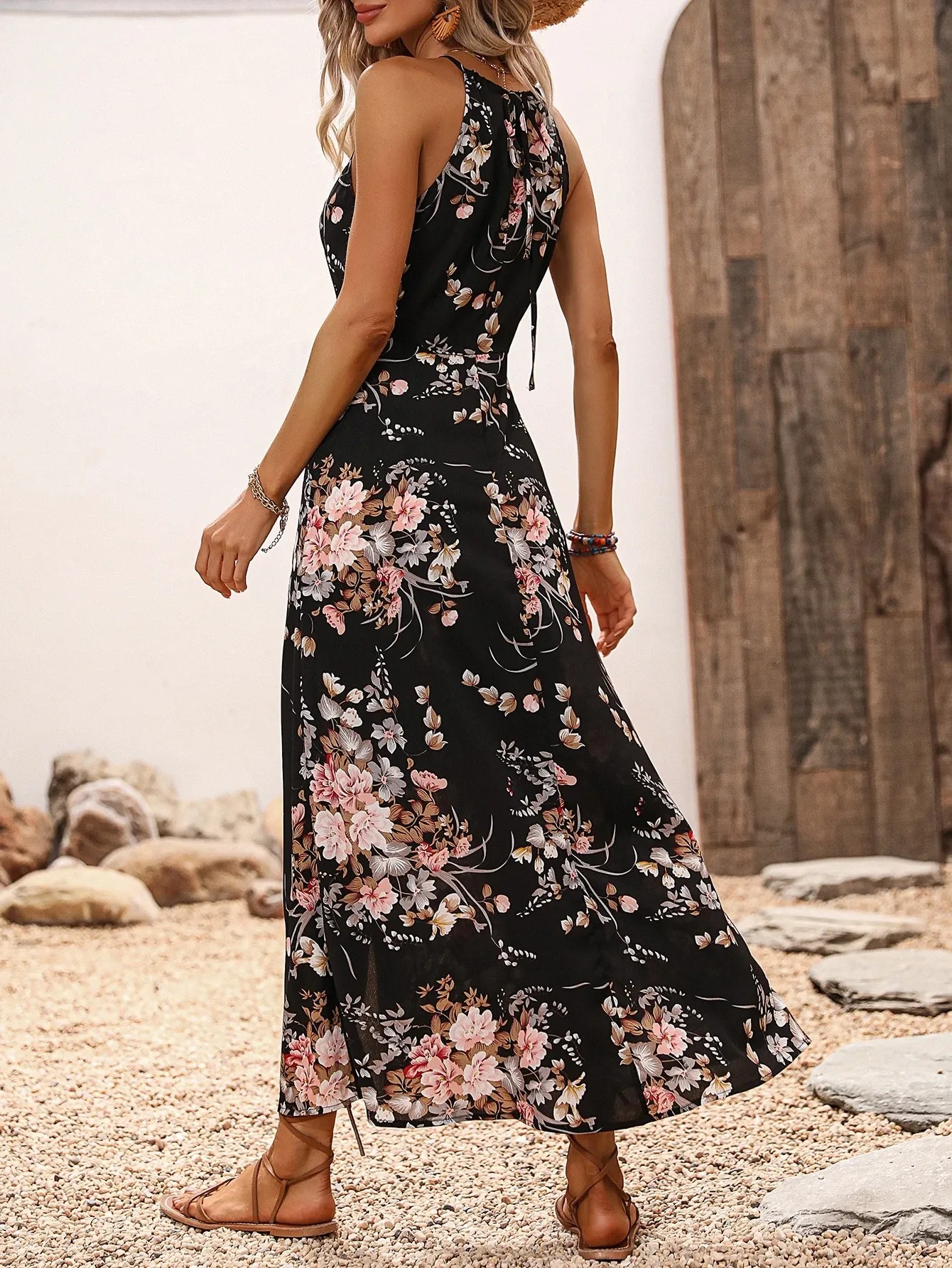 Women's Floral Print Halter Sleeveless Slit Maxi Dress