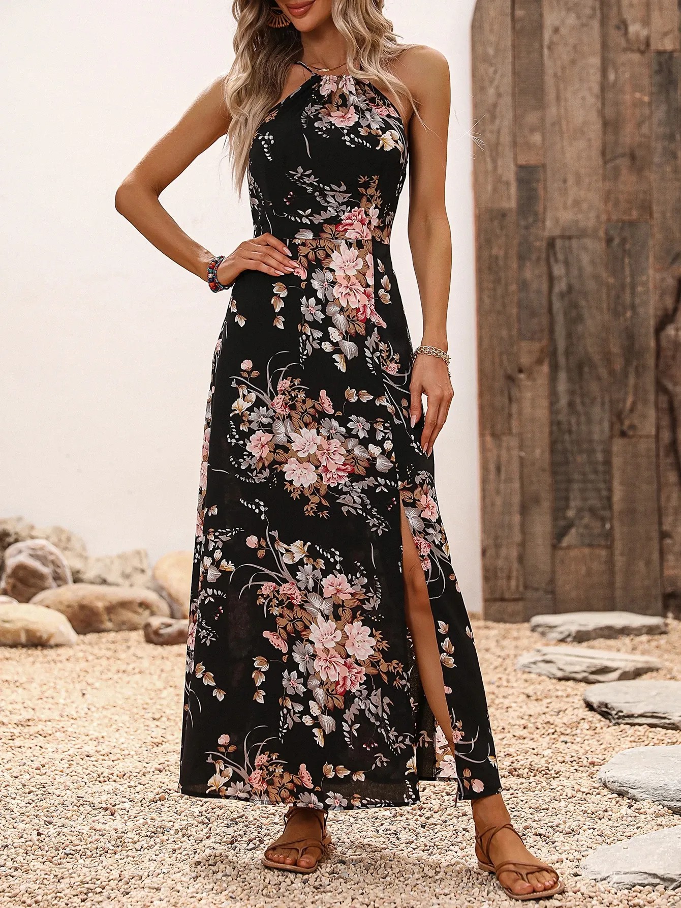 Women's Floral Print Halter Sleeveless Slit Maxi Dress