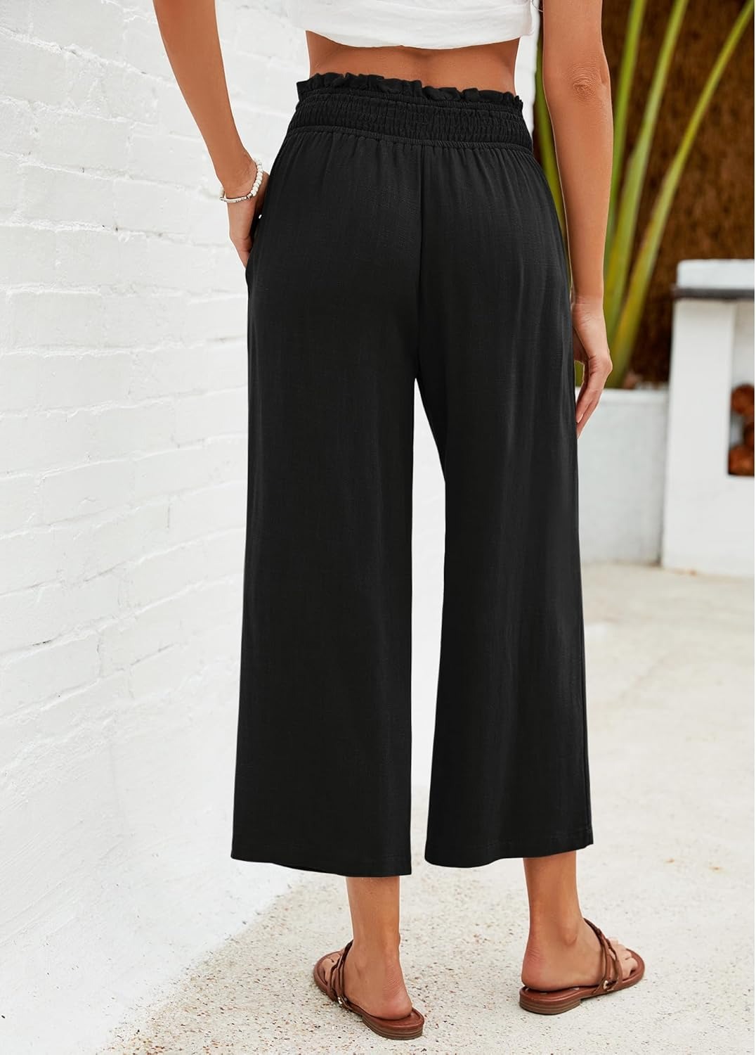 🔥Women's High Waisted Wide Leg Linen Elastic Smock Waist Capri Pants