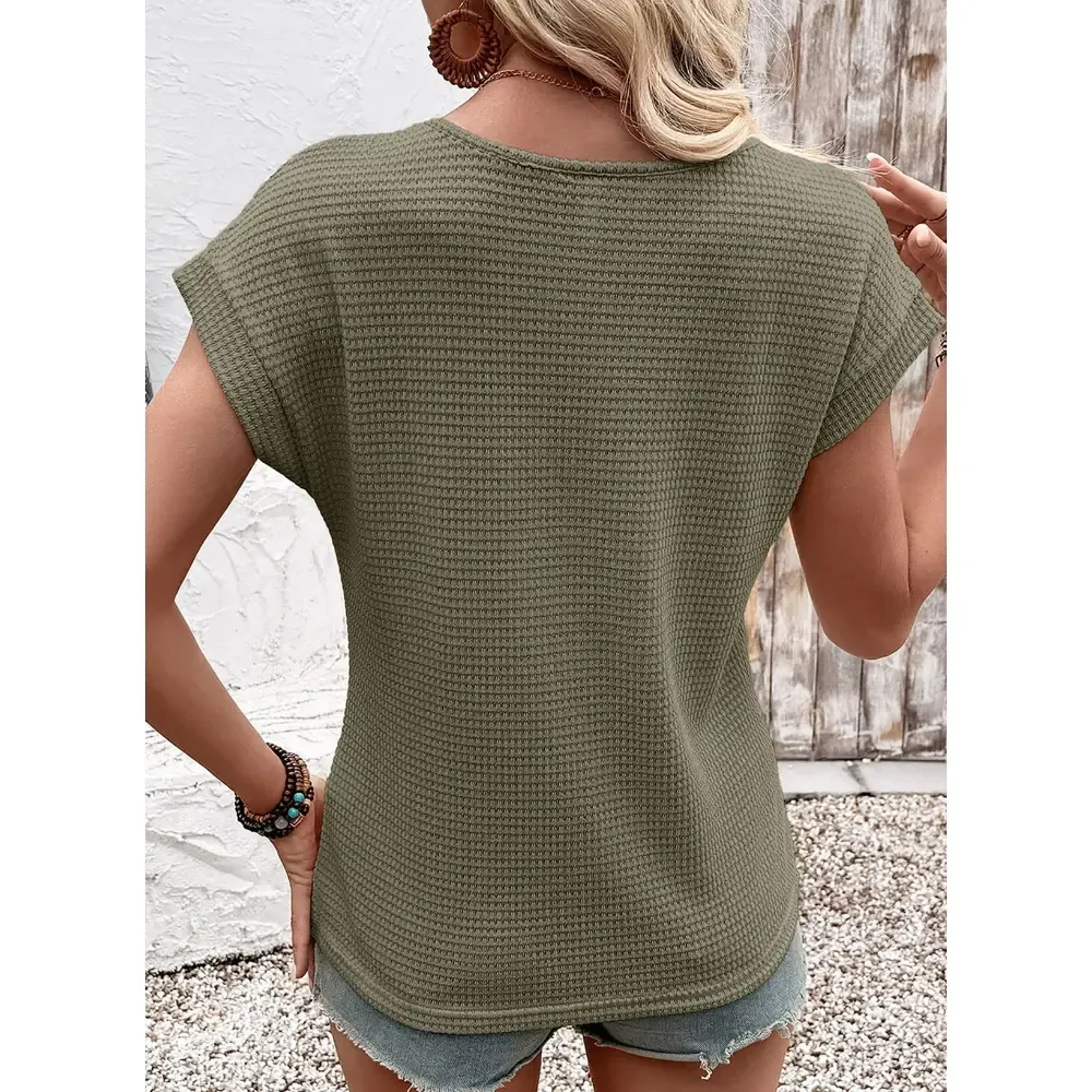 🔥Womens Waffle Knit Lace Hollow Out Short Sleeve T-Shirts