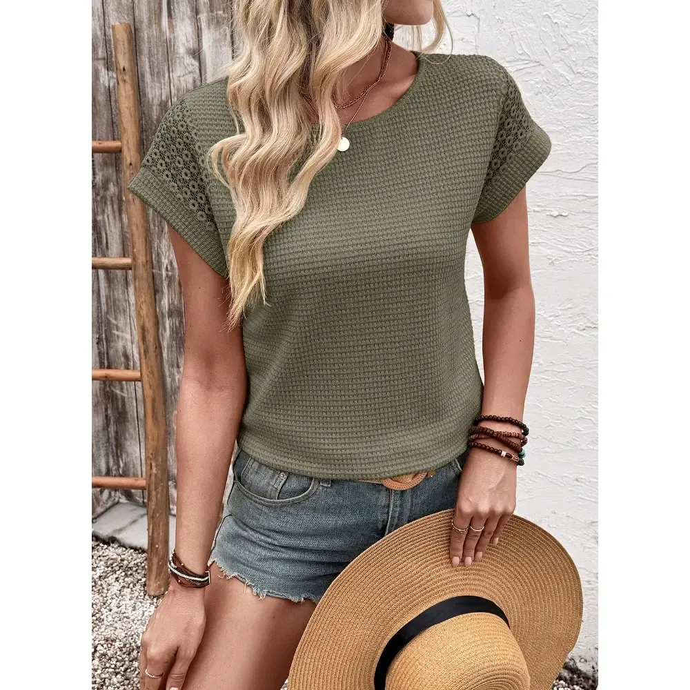 🔥Womens Waffle Knit Lace Hollow Out Short Sleeve T-Shirts