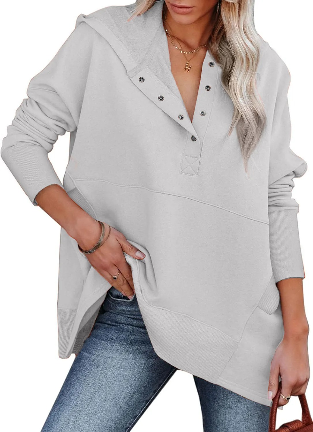 HOT SALE Women's Lightweight Button Collar Long Sleeve Sweatshirt With Pocket