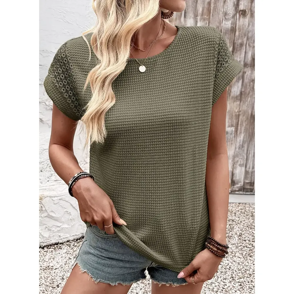🔥Womens Waffle Knit Lace Hollow Out Short Sleeve T-Shirts