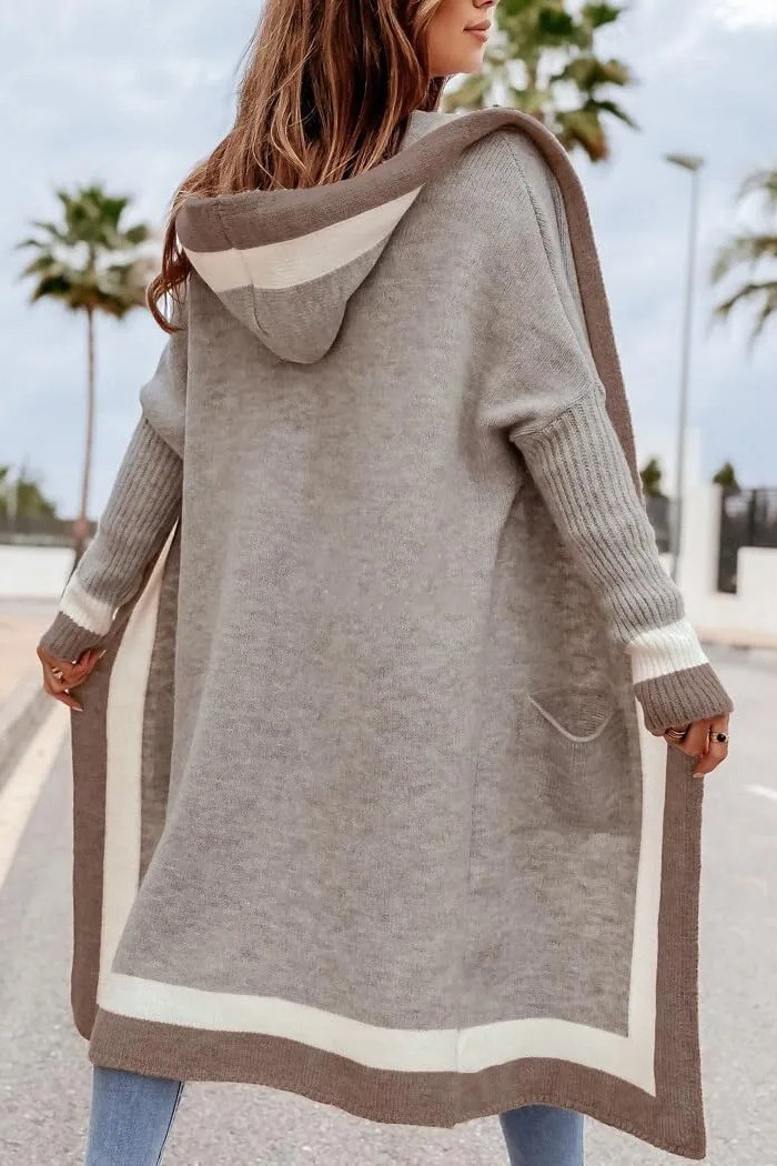 HOT SALE Women's Color Block Striped Open Front Hooded Long Cardigan
