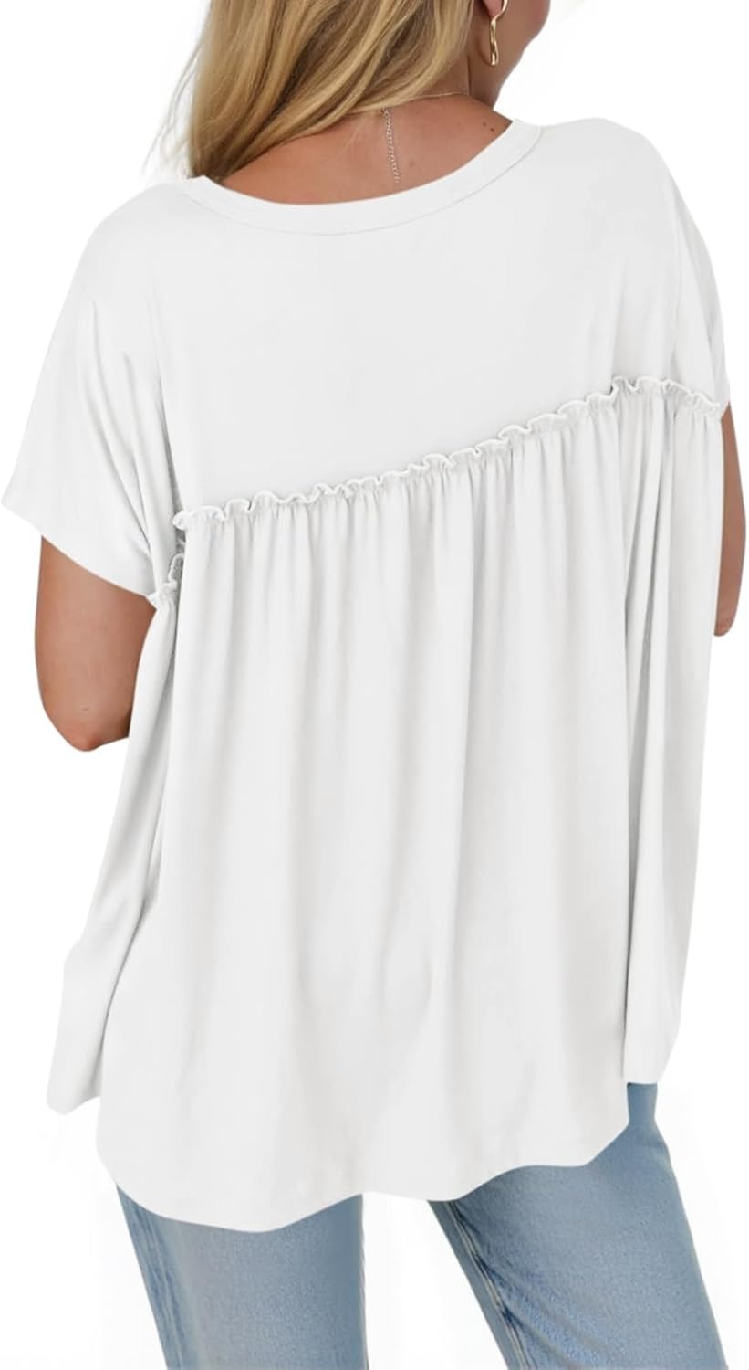 🔥Women's Pleated Short Sleeve Crew Neck Peplum Loose Fit Babydoll