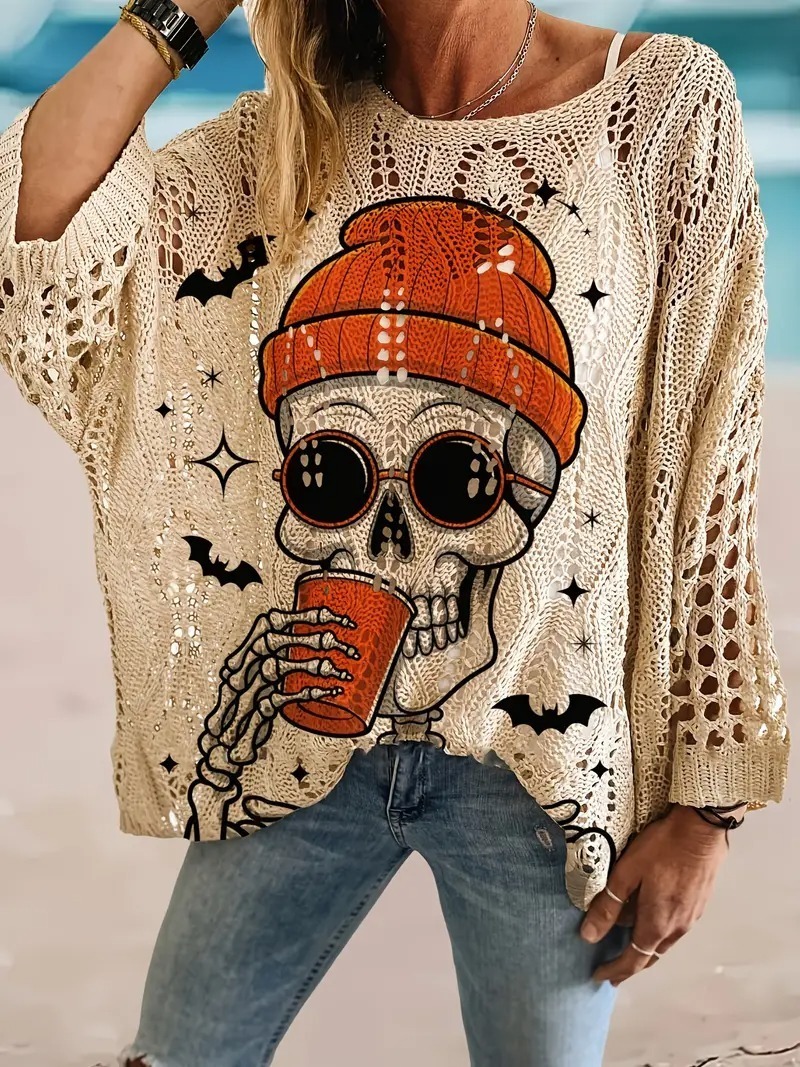 HOT SALE Halloween Crew Neck Pumpkin Loose Fit Long Sleeve Cutout Sweater