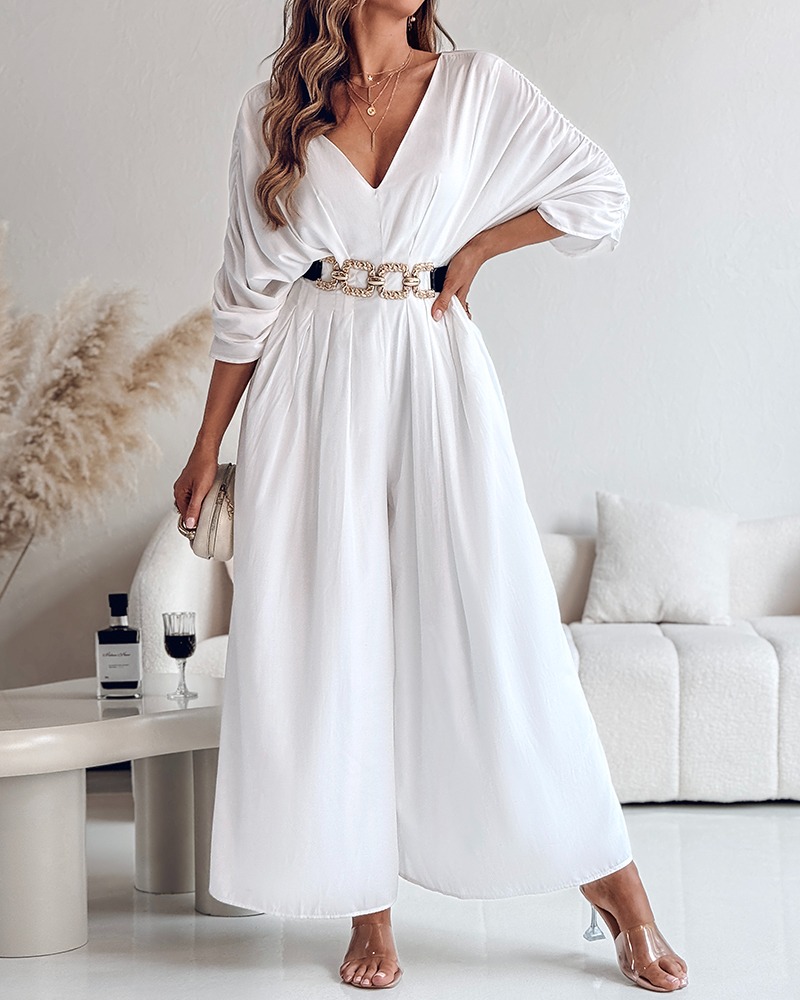 Women's Casual V-Neck Half Sleeve Ruched Jumpsuit